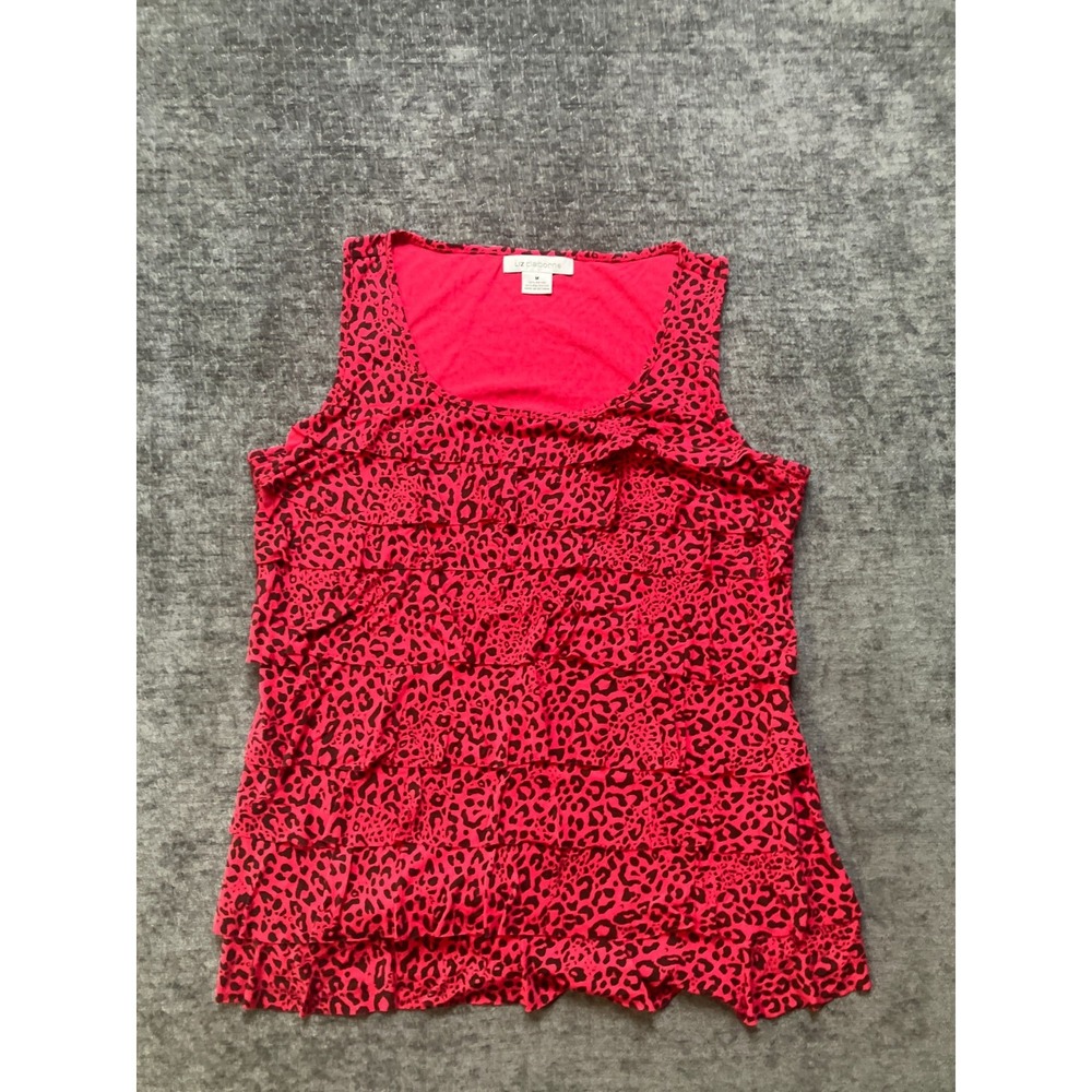 Liz Claiborne Tank Top Womens Medium Red Black Leopard Print Layered Ruffles